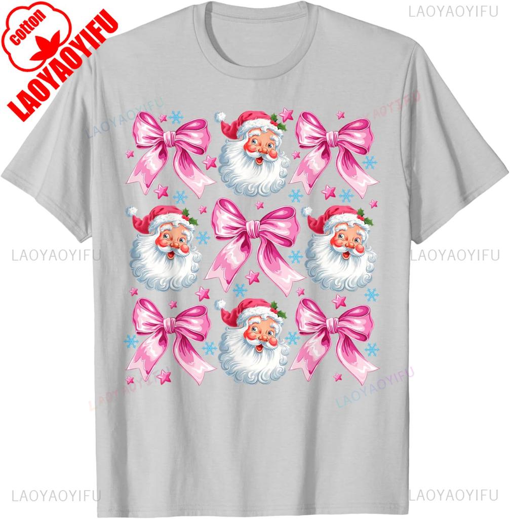 Retro Groovy Coquette Bow Pink Christmas Tree Women Kid Girl TShirt Kawaii Clothes High Quality Cotton Ropa Mujer Casual Style