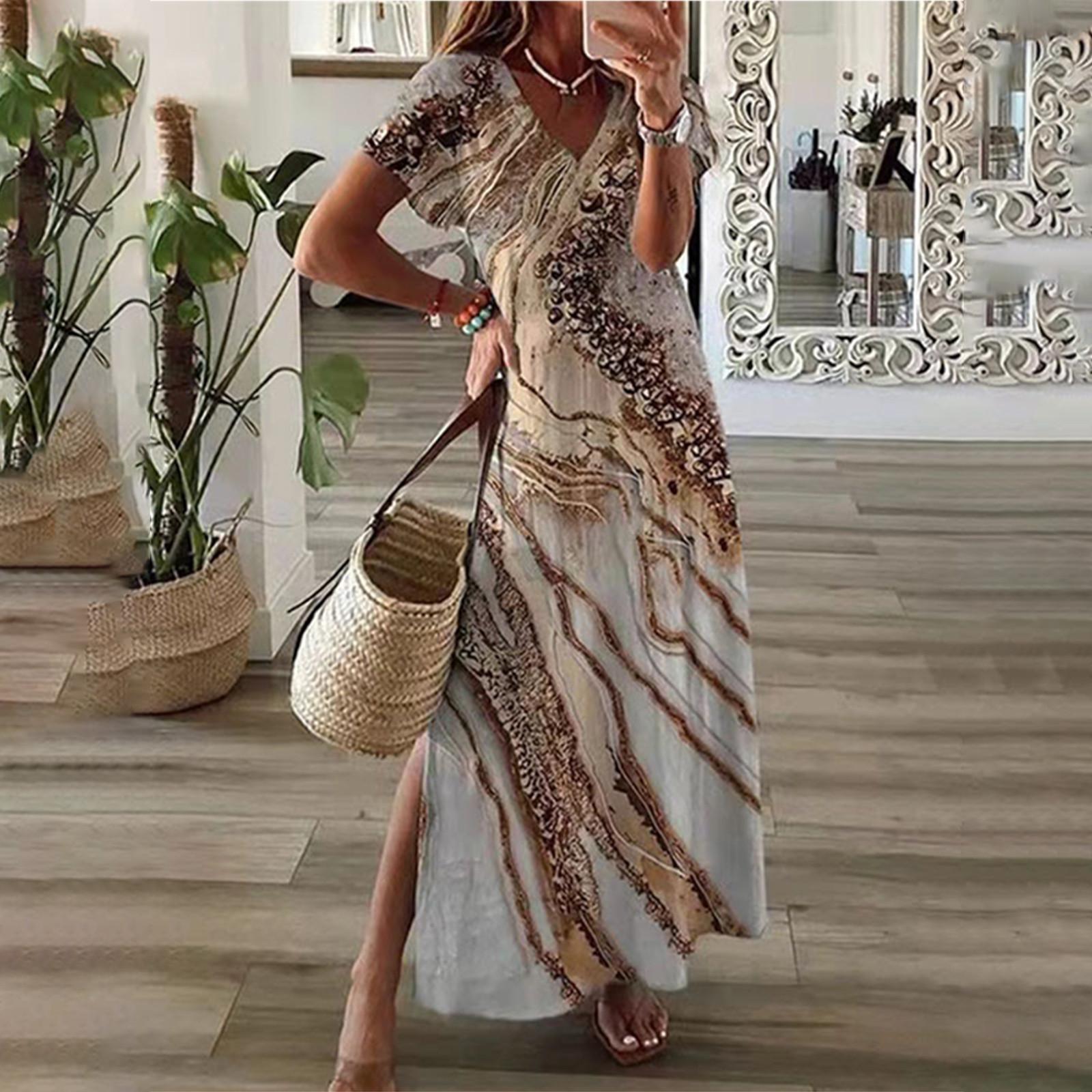 

Fashion Women V Neck Printed Short Sleeve Dress Loose Casual Side Slit Dress M кавовий