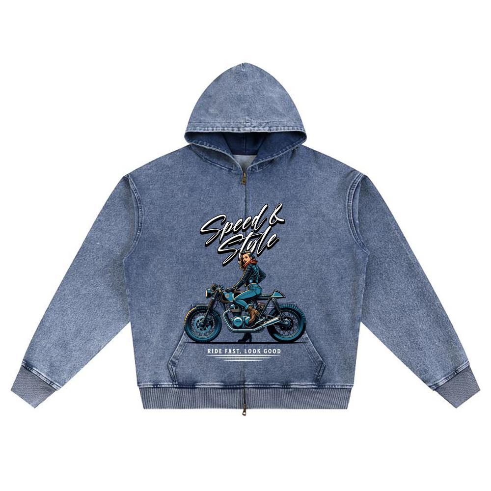 DTG Print Knitted Denim Zip-Up Hoodie Speed & Style Brother Print Zipper Hoodies  