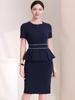 Allegra K Women's Midi Dress, Sheath Dress, Crew Neck, Peplum, Ruffles, Knee-Length, Short Sleeves, Bodycon Style, Navy Blue, Size M