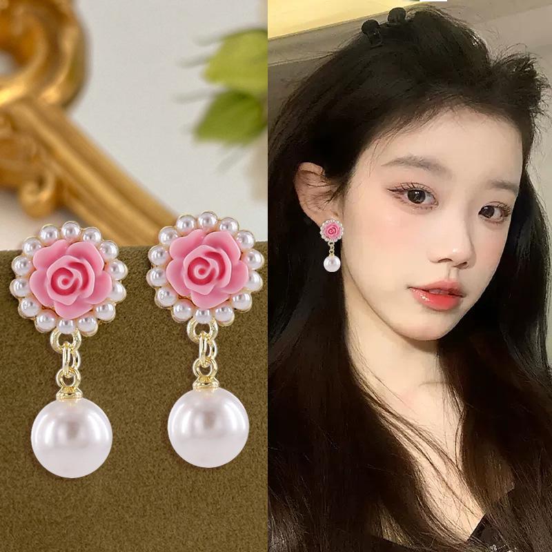 Elegant Pink Rose Stud Earrings - S925 Sterling Silver, High-End Versatile Floral Accessories for Women.