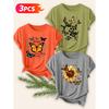 Three-piece Set Elegant Short-sleeved Shirt for Women Butterfly and Sunflower Print Round Neck Women's T Shirt Suitable for Spring