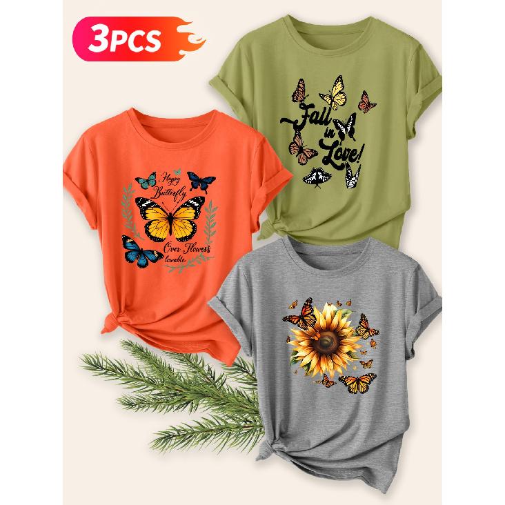 Three-piece Set Elegant Short-sleeved Shirt for Women Butterfly and Sunflower Print Round Neck Women's T Shirt Suitable for Spring