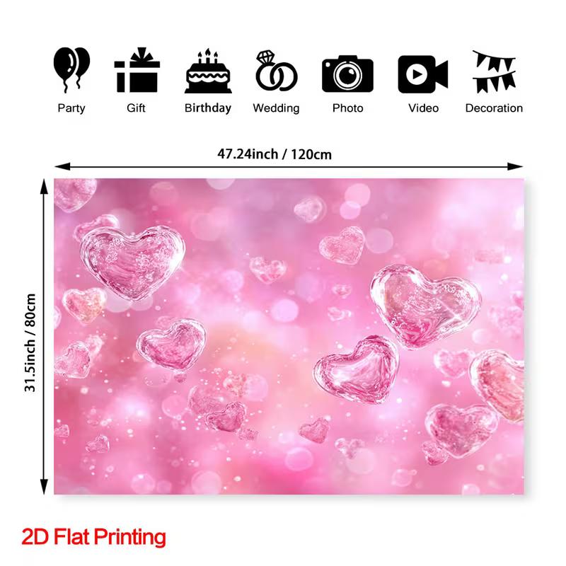 Romantic Pink 2D Backdrop, Glittery Crystal Hearts Photo Background
