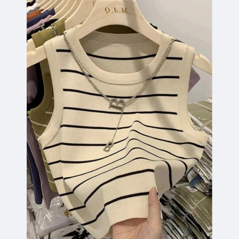 New Waistcoat Women Wear Striped Wide Edge Temperament Summer Top Short Knit Sleeveless Bottom Shirt