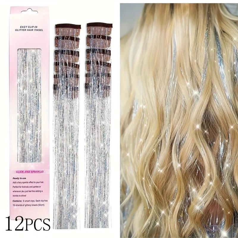 

20 дюймов Лазерный Золотой Низкотемпературное Волокно 12 шт. Набор Мишура Волосы Цветной Блестящий Золотой и Серебристый Низкотемпературное Волокно Подарочная Коробка Зажим BB 50CM