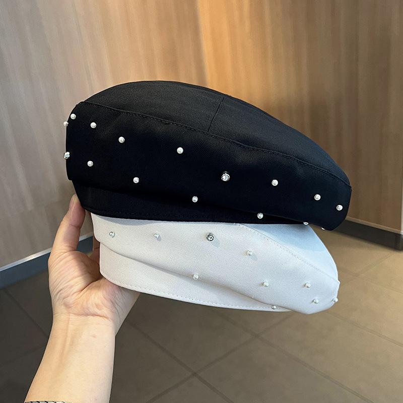 Parel strass baret dames lente en herfst mode veelzijdig temperament knop hoed Japanse retro gezichtsschilder hoed