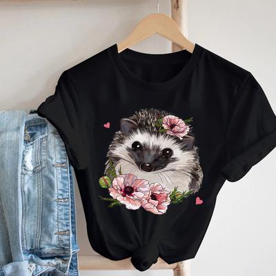 Cartoon Egel Bloemenprint T-shirt Dames Korte Mouw O-hals T-shirt Harajuku Zwarte Top Casual Dames T-shirt