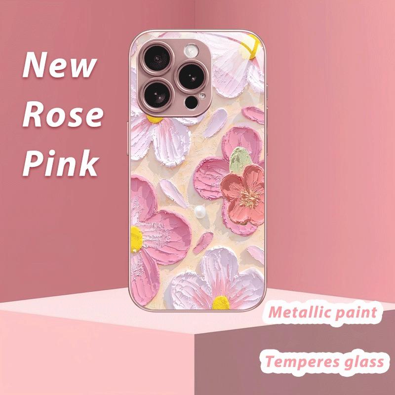 Artistic Pink Floral Pattern Metallic Paint Glass Hard Phone Case For iPhone 17 16 15 14 13 12 11 Pro Max Plus 17 Air 16E Cover
