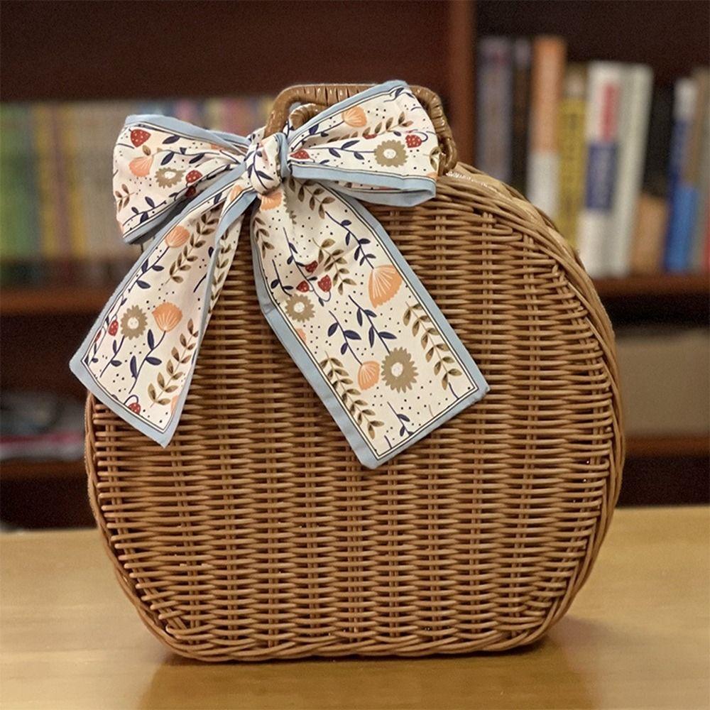 Handmade Rattan Woven Luggage Box Round Picnic Basket Vintage Wicker Suitcase  for Home