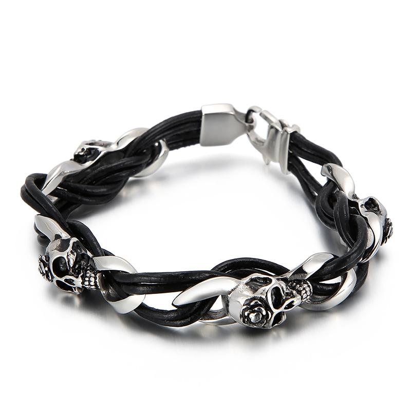 KALEN Skull Head Trendy Stainless Steel Titanium Mens Genuine Leather Bracelet for Men 21cm&Punk