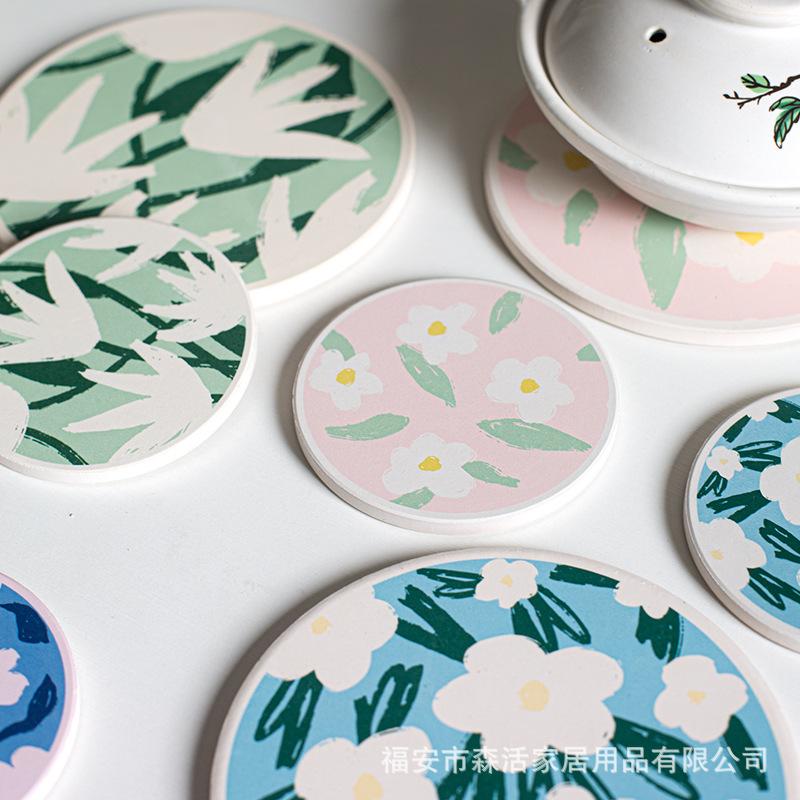 Insulation Mat, Tea Coaster, Round Flower Pattern, Creative Personalized Bowl Kettle Mat, Diatomaceous Earth Absorbent Coaster