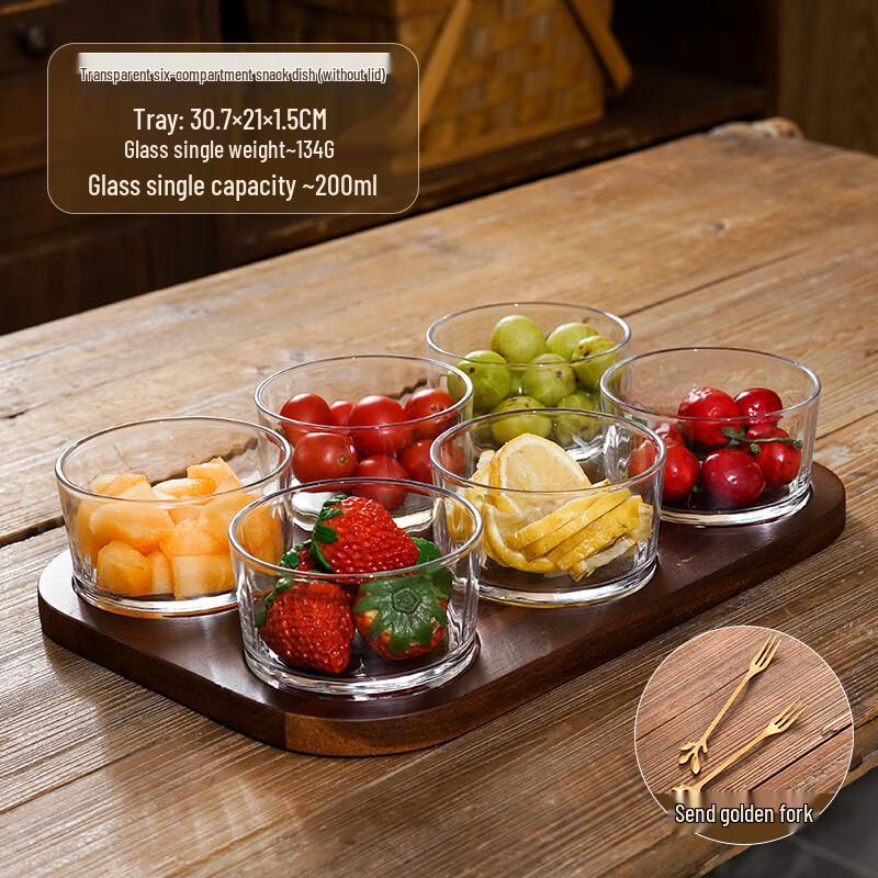 Wooden Snack Tray with Glass Bowl Set 1 Set