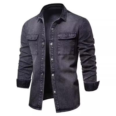 Men's Thin Denim Long Sleeved Shirt Men's Spring and Autumn Korean Version Casual Solid Color Workwear Shirt Jacket Men