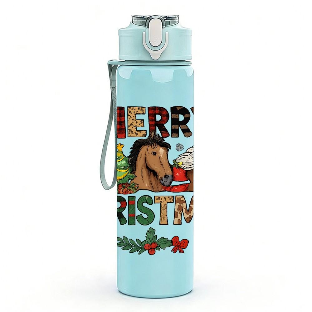 1PC Merry Christmas Horse 750ml Color Plastic Sports Water Bottle Leakproof Flip Straw Lid Suitable for Sports Office Home Use