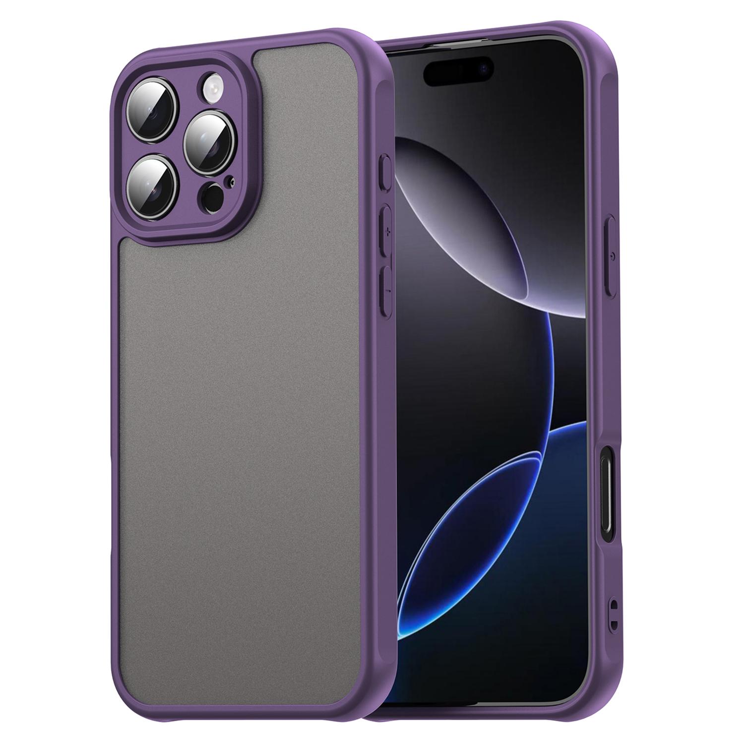 

For iPhone 16 Pro Max Phone Case Drop Proof Airbags Frosted Translucent PC+TPU Back Cover Purple