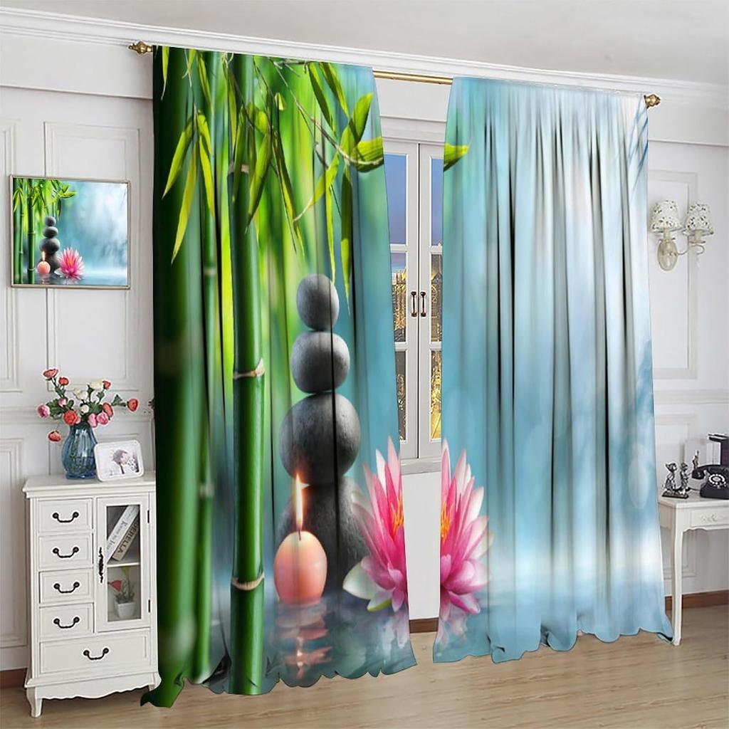 Garden Zen Stone Blackout Curtains   Zen Stones Spa Theme Green Bamboo Pink Flower Candle Window Drapes   for Bedroom Living Room