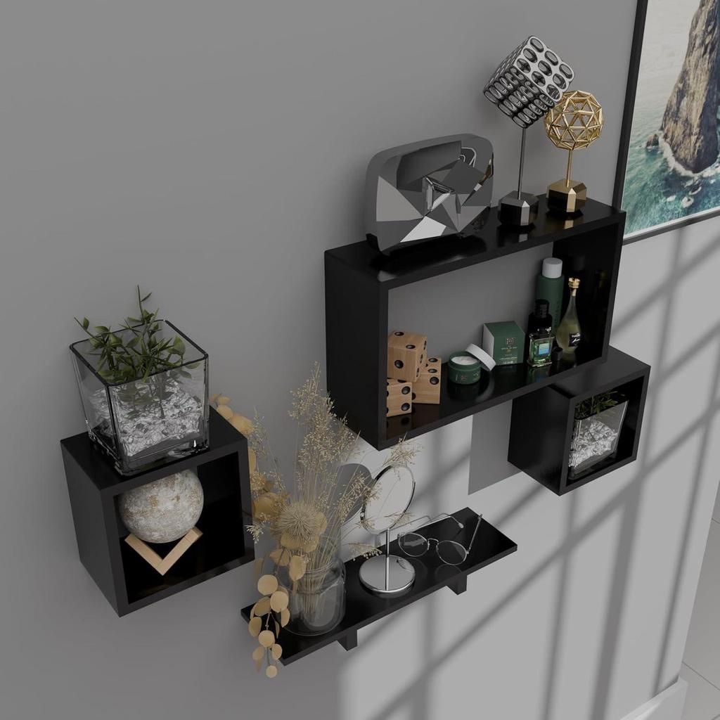 Wooden Floating Wall Shelf with 4 Shelves - MDF Wall Mounted Shelf for Living Room, - Display Rack for Books, Kitchen Wall Storage Unit (Black)