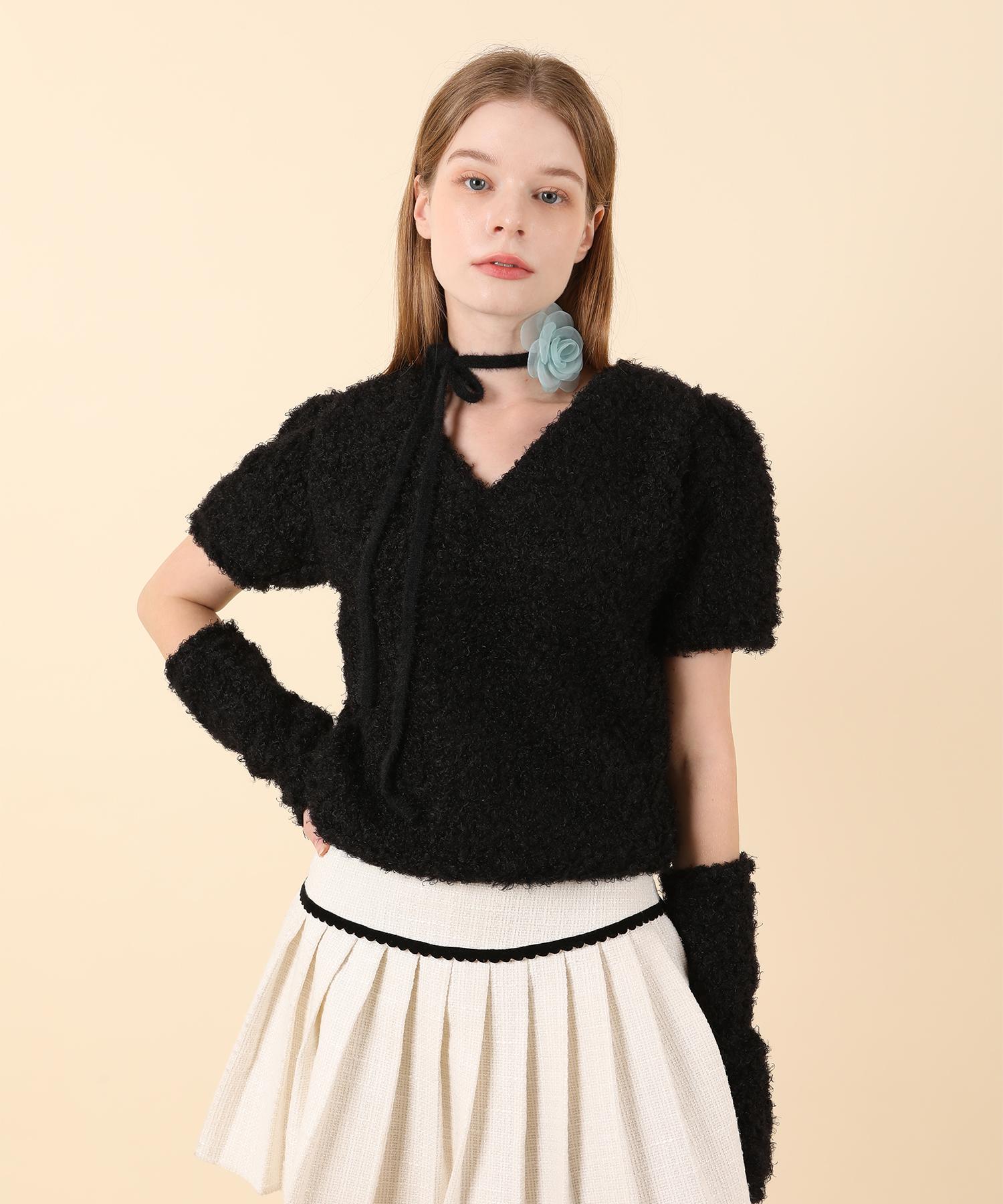 Kathrin Feminine Puff Knit Warmer Set (Black) Black