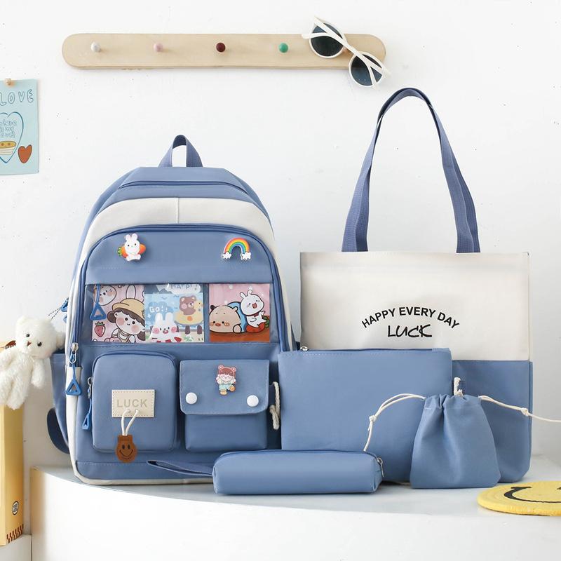 School Bag New Trend Five-piece School Bag Female Color Matching Primary and Secondary School Students Backpack High Value Dirt-resistant Backpack