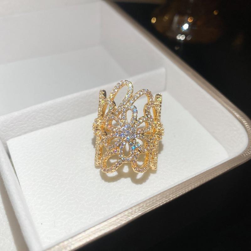 18K real gold electroplated zircon hollow flower wide-faced opening ring cold wind ring high-end jewelry
