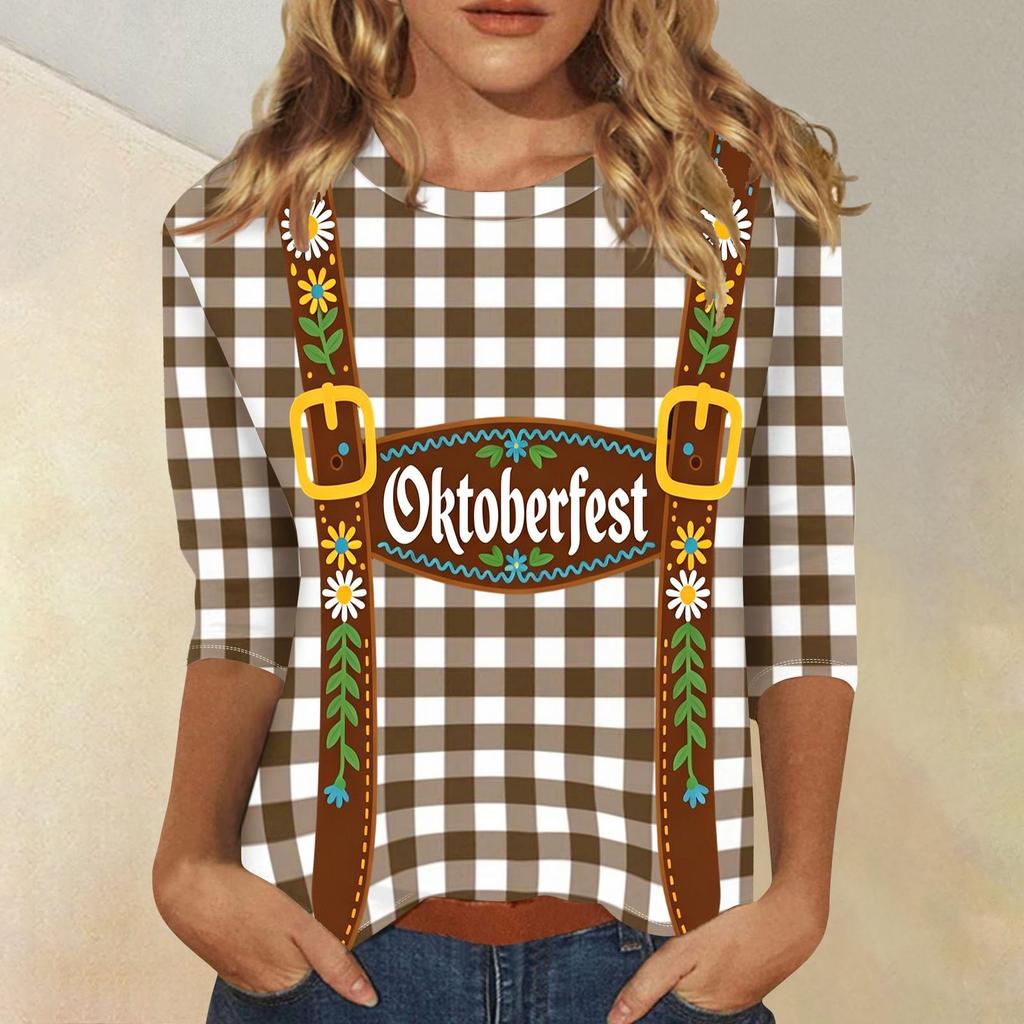 Damen Casual Dreiviertelarm Oktoberfest-Aufdruck Rundhals-Shirt Gestreiftes Muster Oktoberfest-Thema Oberteil