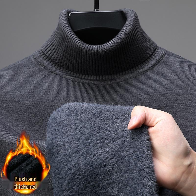 Men's Wool Blend High Neck Knit Sweater with Velvet Fleece Lining