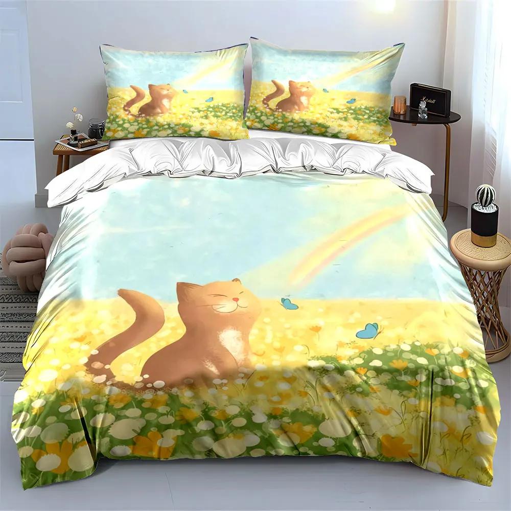 Cute Cat Spring Decor Set Soft Comfortable Duvet Cover Bedding Set Included 1*Duvet Cover & 2*Pillowcases Gift