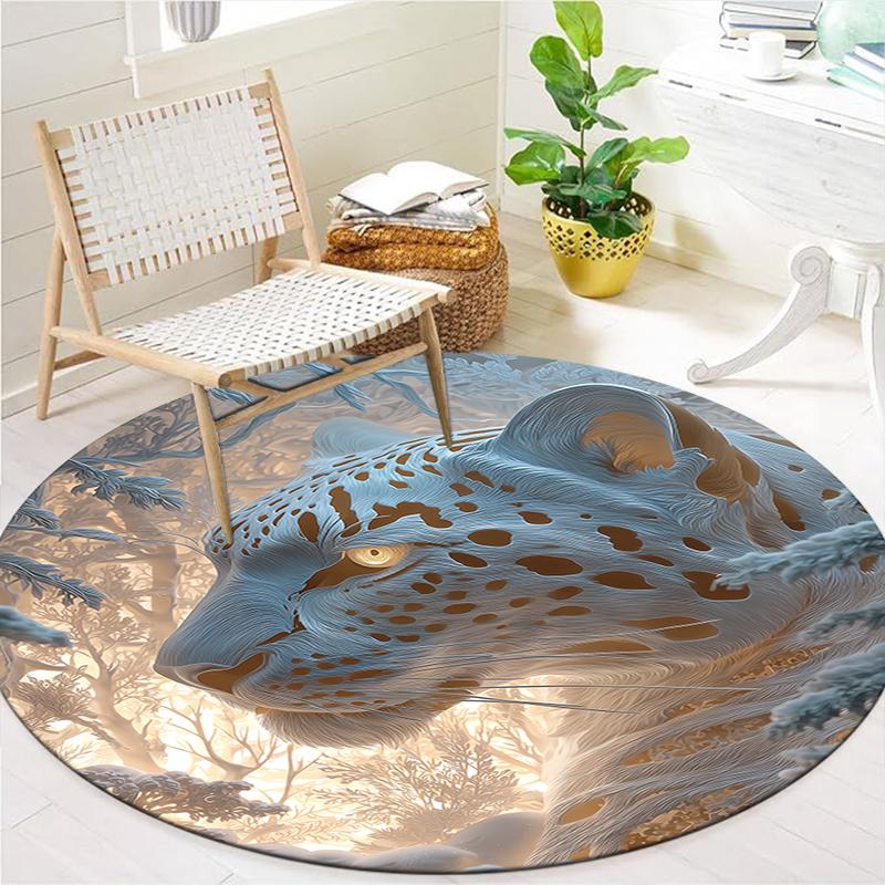 Stone Carving Leopard and Dragon Round Area Rug,Carpet Rug for Living Room Bedroom Sofa Playroom Decor,Non-slip Floor Mat