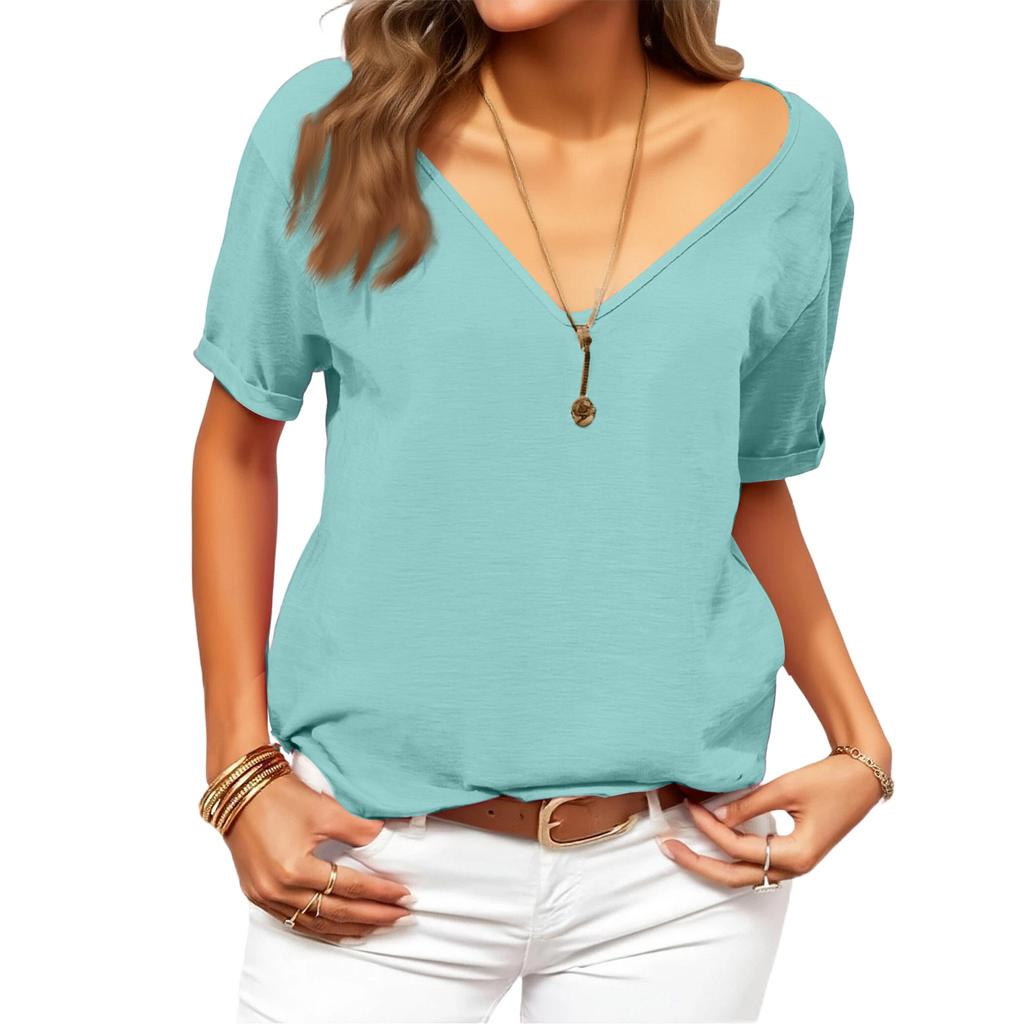 Women's Fashionable Deep V,neck Short,sleeved Color Casual Loose Top