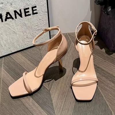 Mote Ny Stil Populære Dame Sommer Mote Lær Enkel Stropp Sandaler Elegant Enkle Sko Firkantet Tå Slank Hæl Chic