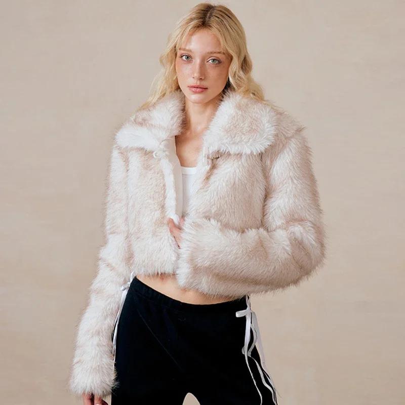 Luxury Fluffy Faux Fur Coat Women Cropped Turn Down Collar Jacket Fashion Thick War Outerwear 2024 Lady New Streetwear Overcoats
