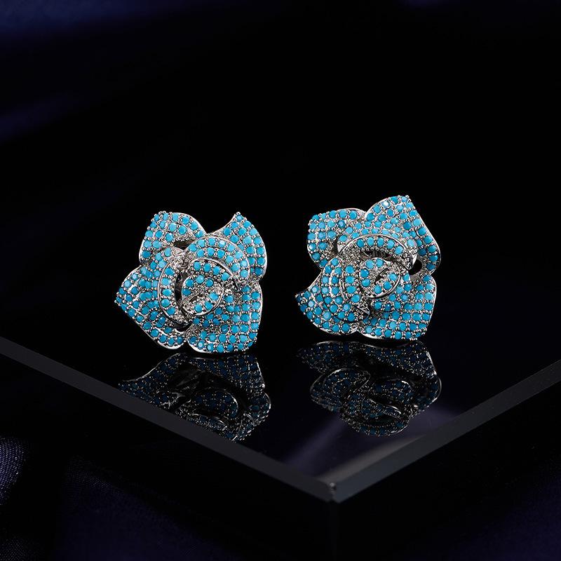 Micro Paved Full Zircon Ring Stud Earrings Jewelry Set, Vintage Bold Rose Flower Design, Luxury Statement Jewelry Set