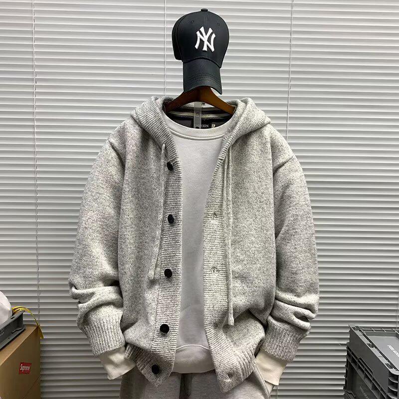 

Men s Trendy Hong Kong Style Knitted Cardigan: Spring Solid Color Hooded Sweater 3XL 160-170 lbs світло-сірий колір