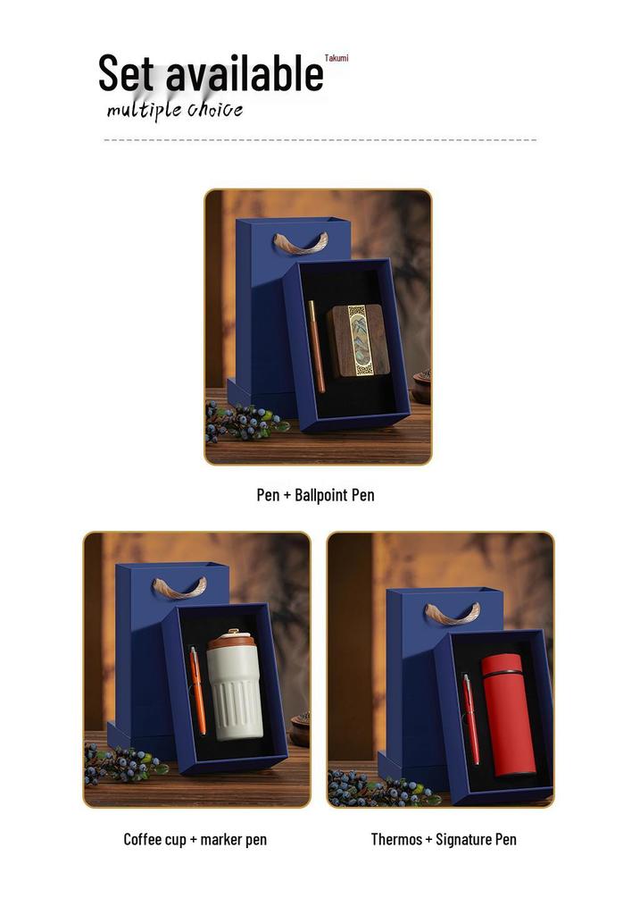 National Style Wood Pen Holder Gift Set: Creative Office Storage Box & Thermos Cup, Customizable Logo