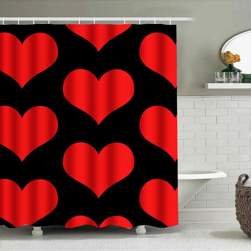 Heart Shaped Shower Curtain Waterproof Bathroom Decor Printed Fabric Shower Curtains Red Black Background 72X84 (180X213Cm)