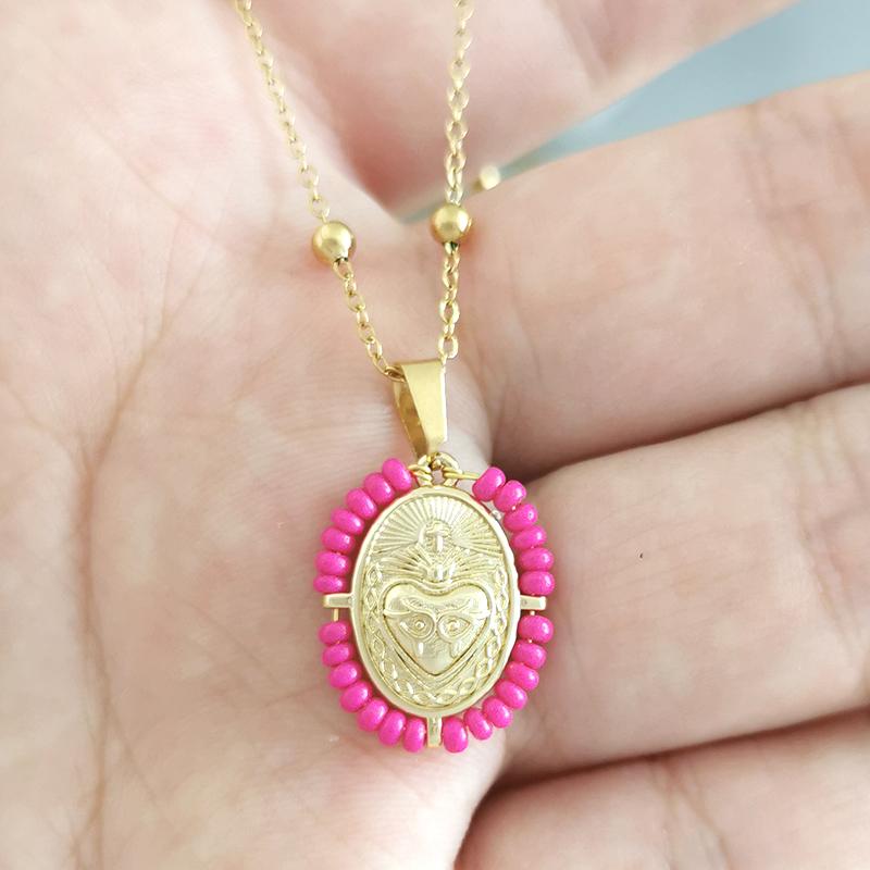 QMHJE Virgin Mary Pendant Charm Necklace Women Cross Scared Heart Jesus Choker Seed Beads Stainless Steel Chain Gold Color Mom