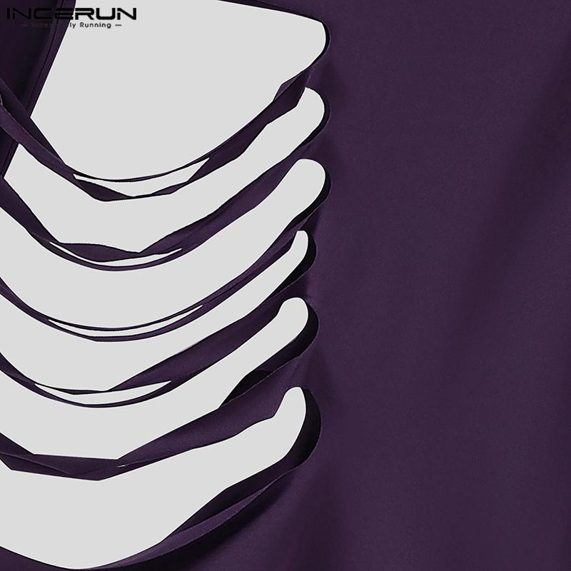 INCERUN Magliette intime casual aderenti a maniche lunghe con collo alto e cut-out con fasce da uomo