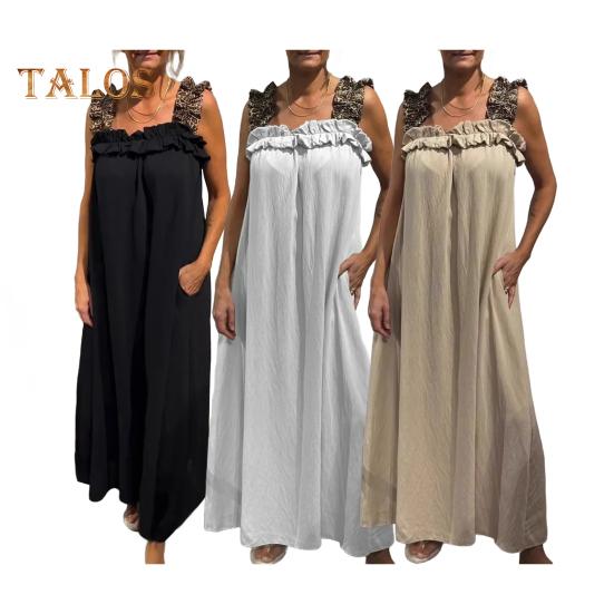 Women's Sleeveless Maxi Dress Ruffle Strap Square Neck Long Dress Casual Boho A-line Dress with Pocket Summer Beach Sundress