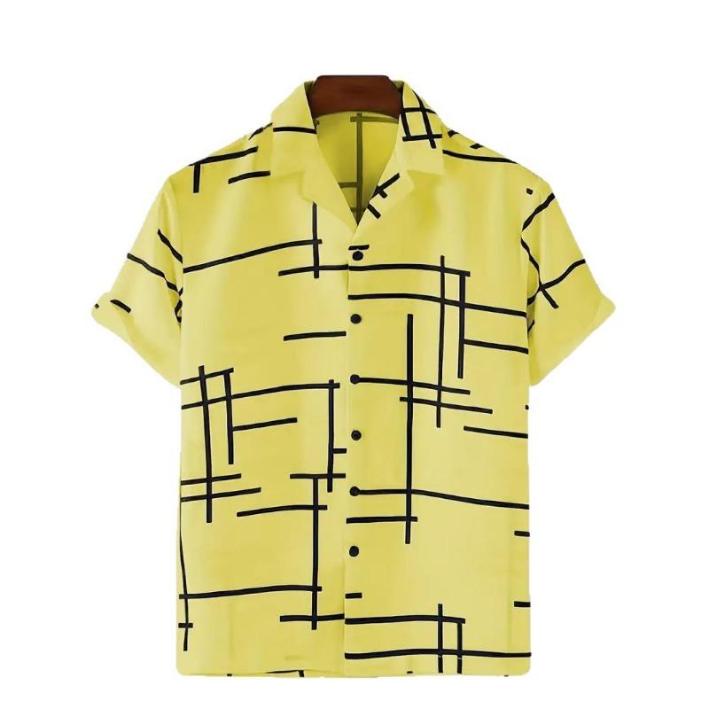 Herrsvart Abstrakt Linjetryck Kubansk Krage Kortärmad Sommar