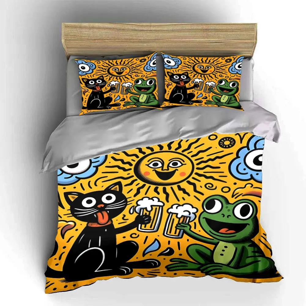 Black Cat and Frog Enjoying Beers Print Bedding Set Duvet Cover Pillowcase, 2/3Piece for Boys Girls Bedroom Decor Twin Full size
