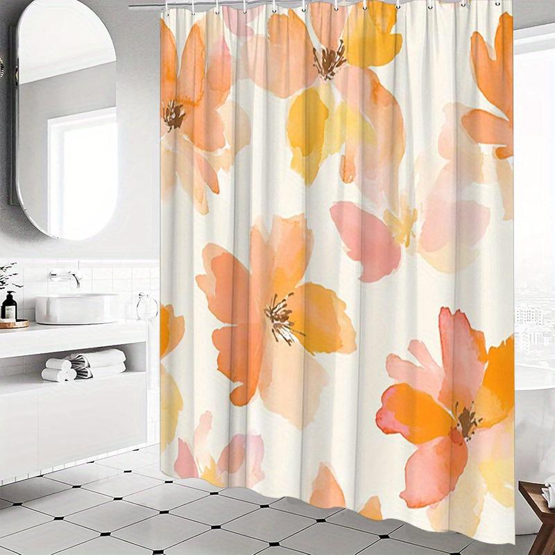 1pc Watercolor Blooming Flowers Shower Curtain - Peach, Orange & Pink Floral Design on Creamy Off-White