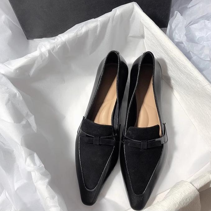 Shoes for Woman Small Leather Shoes Women's French Splicing Thick Heel Pointed Single Shoes Leather Versatile Loafers Woman