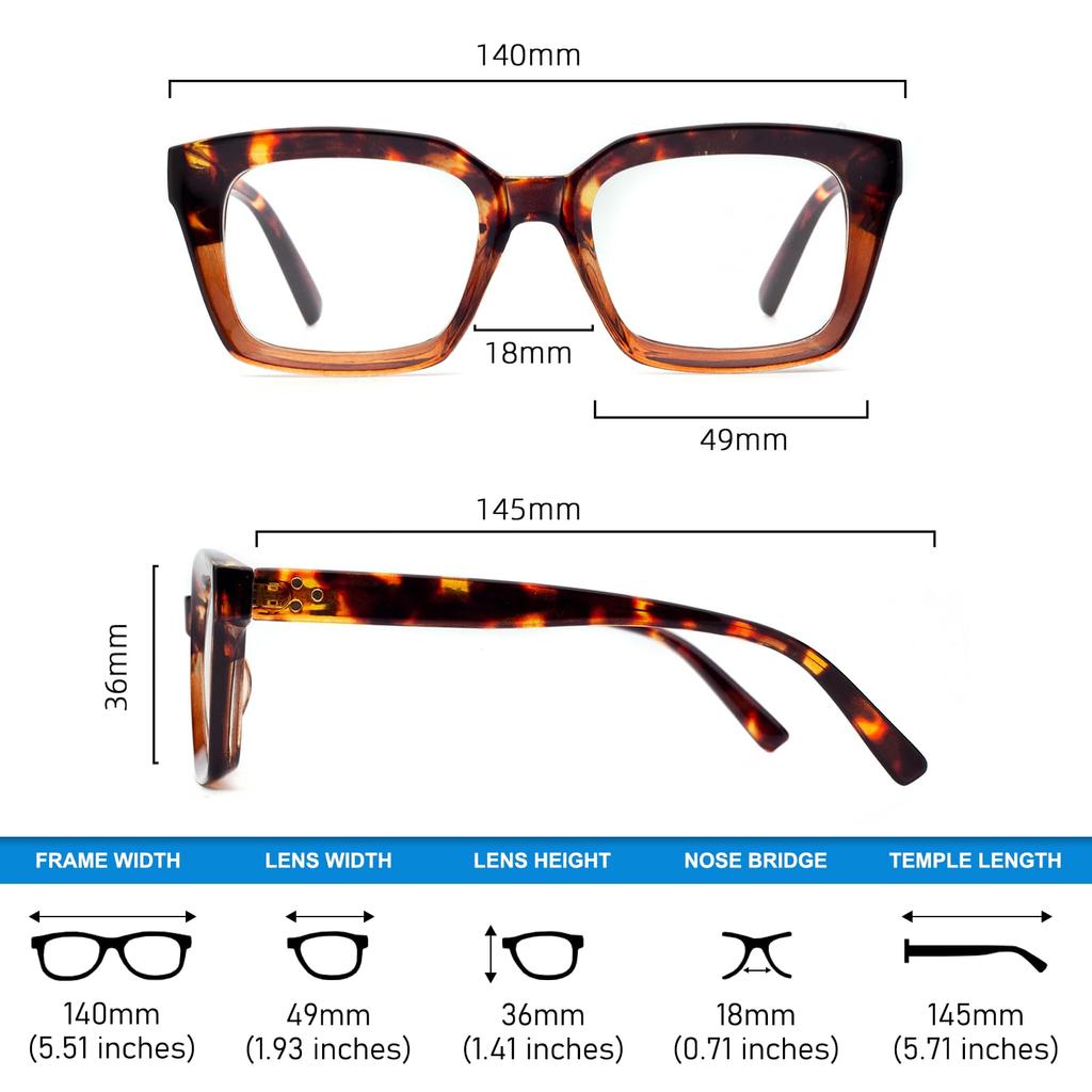 JO Stylish Reading Glasses with Blue Light Retro Square with Case Women's Blocking, Design, Brown, 1.50mm,