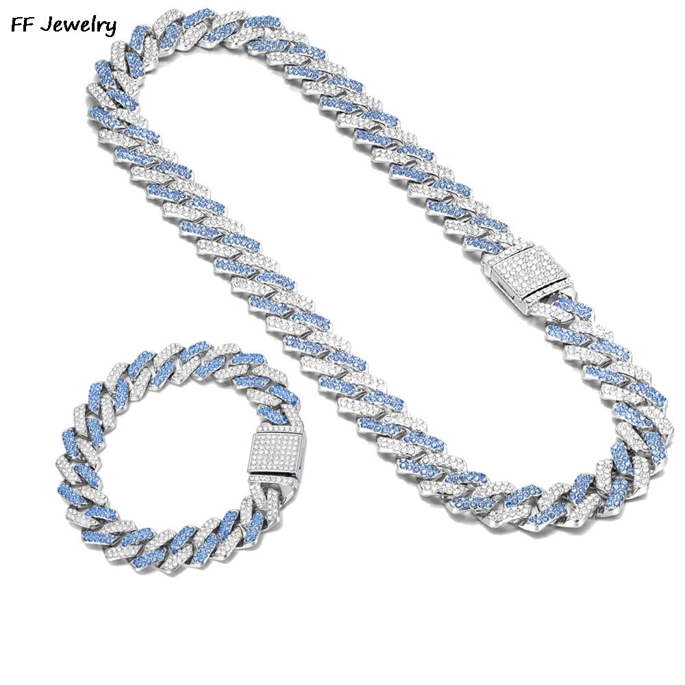 Necklace+Bracelet Cuban Link Chain Hip Hop Men Necklace 14mm Iced Out Paris Chain 2 Row Rhinestone Paved Miami Rhombus Cuban