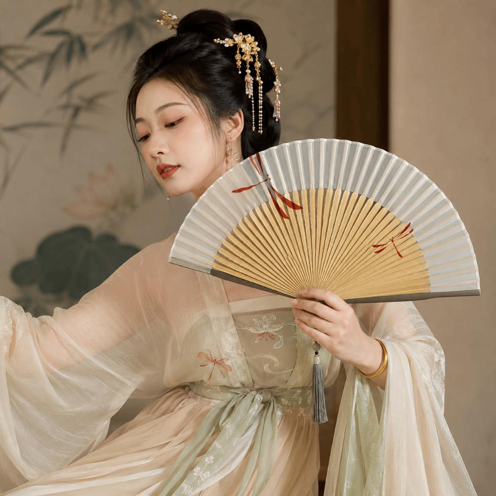 Chinese Style Folding Hand Fan Bamboo Frame Women's Dance Fan Retro Handheld Fan Home Use