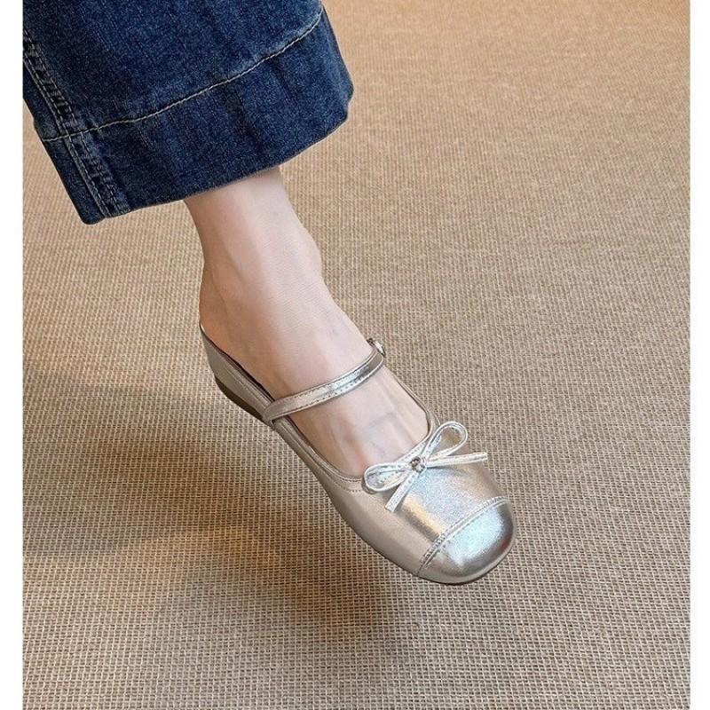 Inner height increase half drag new bow ballet shoes small satin surface one word with bag head single shoes