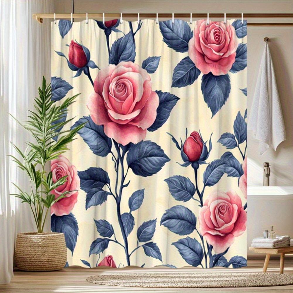 1 Elegant Rose Pattern Shower Curtain With Pink Flowers And Blue Leaves On Cream Background - Polyester Fabric - For Bathroom