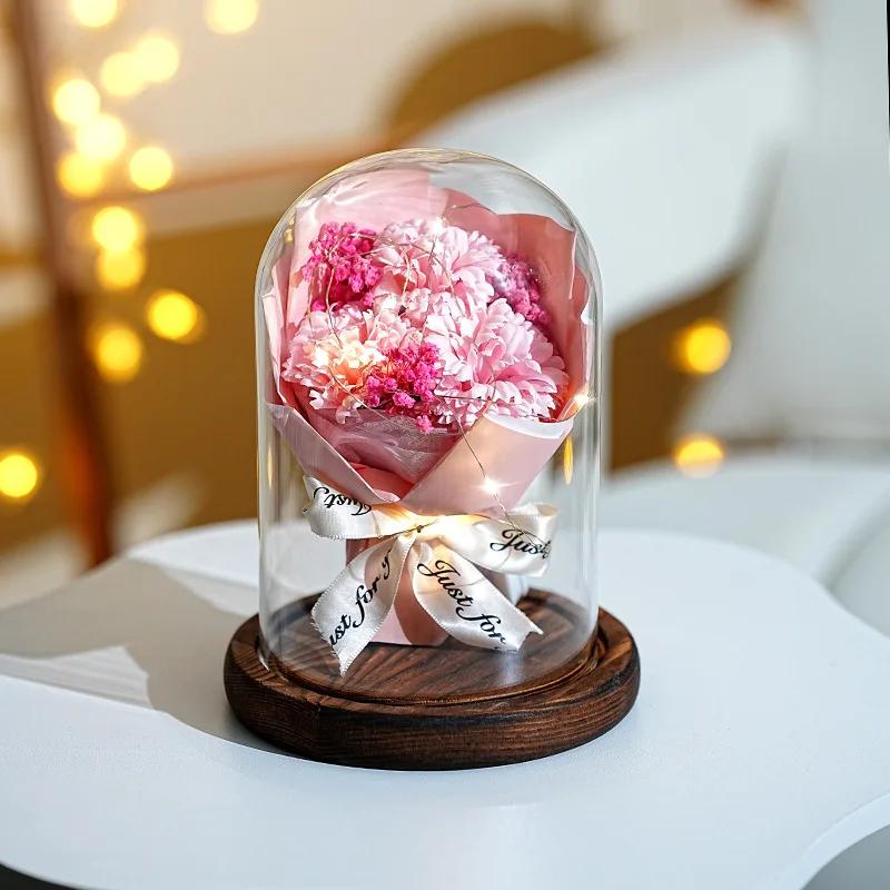 Real Dried Sunflower Bouquet with LED Light Real Eternal Roses Lamp Sunflower Glass Cover Graduation Valentine's Mother's Gift