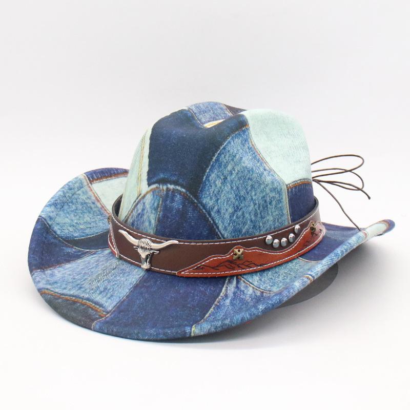 

European And American Style Fashion Color Matching Jazz Hat Retro Western Cowboy Hat Men S And Women S Versatile Fashion Top Hat M（56-58cm） темно-синього кольору